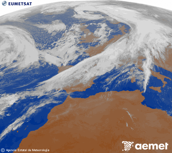 Imagen de la zona de Europa y Norte de frica del canal infrarrojo del satlite Meteosat operacional en 0N 0W, procesada para darle color. Saturday, 1 November  2025 22:00
