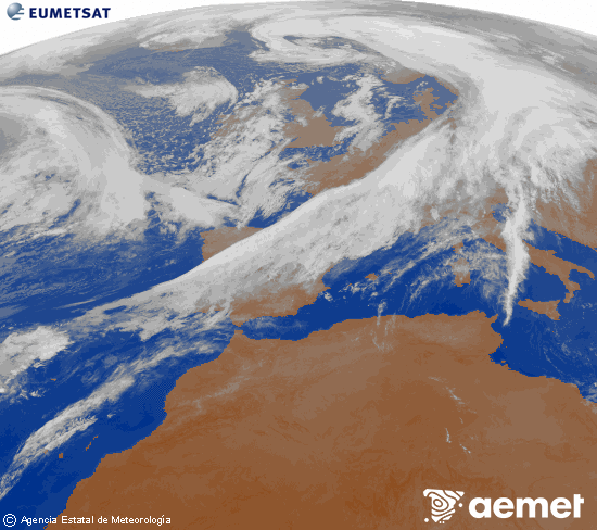 Imagen de la zona de Europa y Norte de frica del canal infrarrojo del satlite Meteosat operacional en 0N 0W, procesada para darle color. Saturday, 1 November  2025 23:00