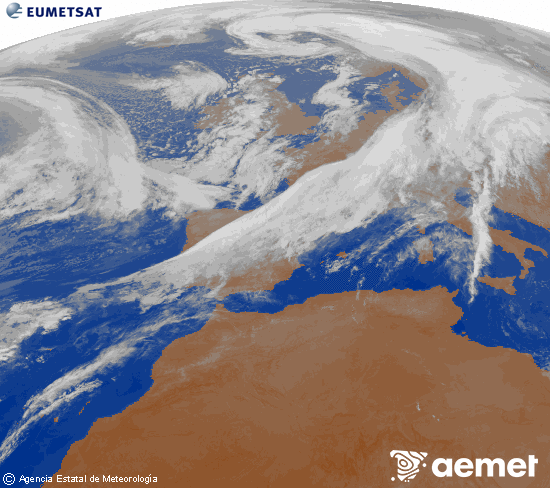 Imagen de la zona de Europa y Norte de frica del canal infrarrojo del satlite Meteosat operacional en 0N 0W, procesada para darle color. Sunday, 2 November  2025 00:00