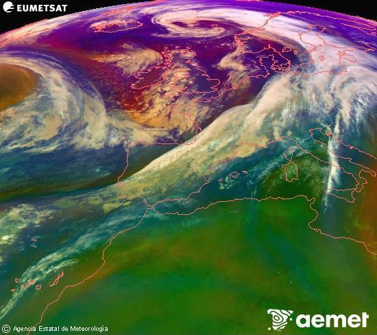 Composici RGB en la qual es barregen diversos canals del satllit Meteosat operacional en 0N 0W, que ens dna una idea de les caracterstiques de les masses d'aire i de la nuvolositat. diumenge, 2 de novembre  2025 01:00