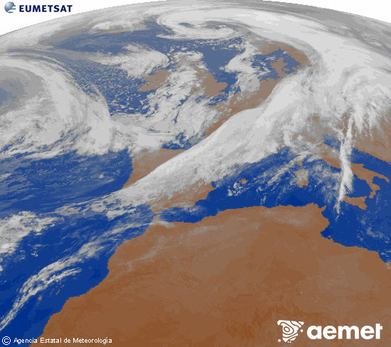 Imagen de la zona de Europa y Norte de frica del canal infrarrojo del satlite Meteosat operacional en 0N 0W, procesada para darle color. Sunday, 2 November  2025 01:00
