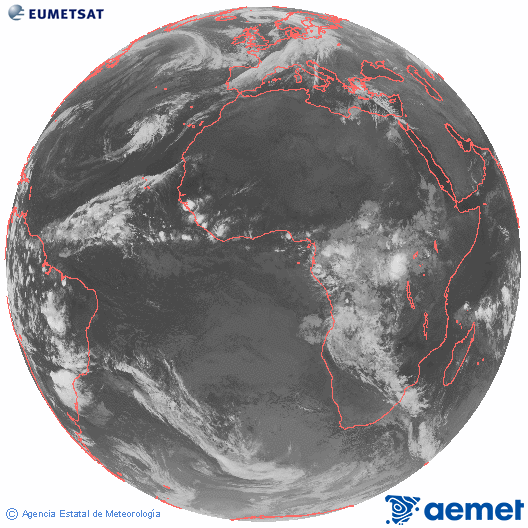 Imagen global del canal infrarrojo (10.8 μm) del satlite Meteosat, perteneciente a la serie MSG (Meteosat Segunda Generacin) y situado en 0N 0E. diumenge, 2 de novembre  2025 01:00