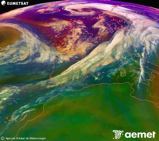 Composici RGB en la qual es barregen diversos canals del satllit Meteosat operacional en 0N 0W, que ens dna una idea de les caracterstiques de les masses d'aire i de la nuvolositat. diumenge, 2 de novembre  2025 02:00
