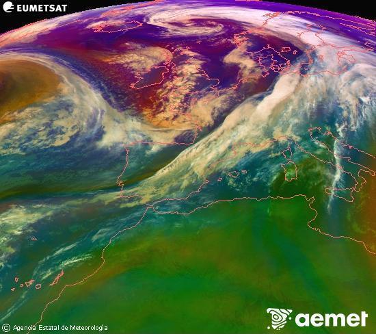 Composici RGB en la qual es barregen diversos canals del satllit Meteosat operacional en 0N 0W, que ens dna una idea de les caracterstiques de les masses d'aire i de la nuvolositat. diumenge, 2 de novembre  2025 03:00