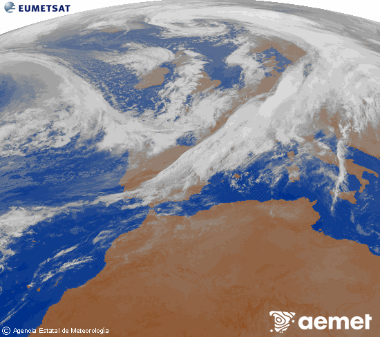 Imagen de la zona de Europa y Norte de frica del canal infrarrojo del satlite Meteosat operacional en 0N 0W, procesada para darle color. Sunday, 2 November  2025 03:00