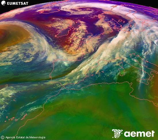 Composici RGB en la qual es barregen diversos canals del satllit Meteosat operacional en 0N 0W, que ens dna una idea de les caracterstiques de les masses d'aire i de la nuvolositat. diumenge, 2 de novembre  2025 04:00