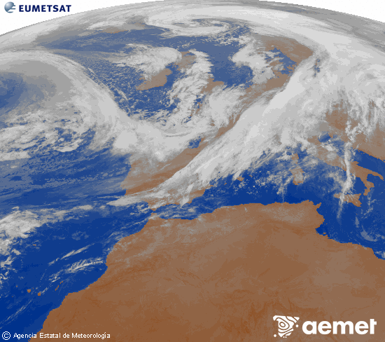 Imagen de la zona de Europa y Norte de frica del canal infrarrojo del satlite Meteosat operacional en 0N 0W, procesada para darle color. Sunday, 2 November  2025 04:00