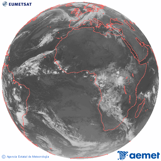 Imagen global del canal infrarrojo (10.8 μm) del satlite Meteosat, perteneciente a la serie MSG (Meteosat Segunda Generacin) y situado en 0N 0E. diumenge, 2 de novembre  2025 04:00