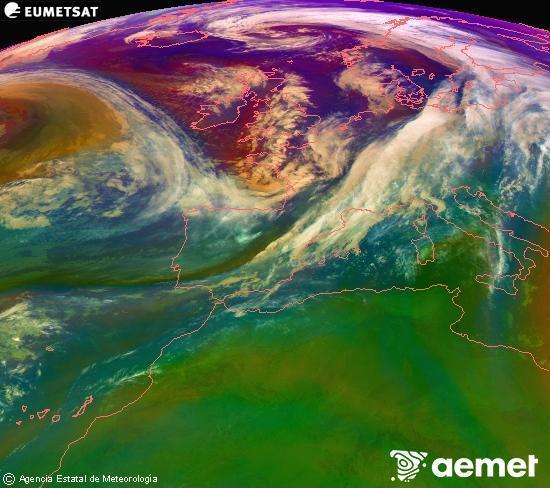 Composici RGB en la qual es barregen diversos canals del satllit Meteosat operacional en 0N 0W, que ens dna una idea de les caracterstiques de les masses d'aire i de la nuvolositat. diumenge, 2 de novembre  2025 05:00