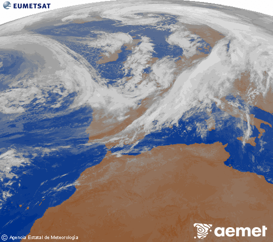 Imagen de la zona de Europa y Norte de frica del canal infrarrojo del satlite Meteosat operacional en 0N 0W, procesada para darle color. Sunday, 2 November  2025 05:00