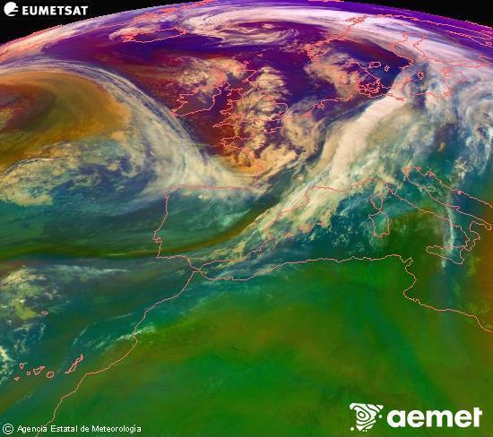 Composici RGB en la qual es barregen diversos canals del satllit Meteosat operacional en 0N 0W, que ens dna una idea de les caracterstiques de les masses d'aire i de la nuvolositat. diumenge, 2 de novembre  2025 06:00