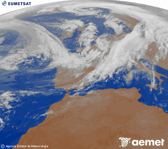 Imagen de la zona de Europa y Norte de frica del canal infrarrojo del satlite Meteosat operacional en 0N 0W, procesada para darle color. Sunday, 2 November  2025 06:00