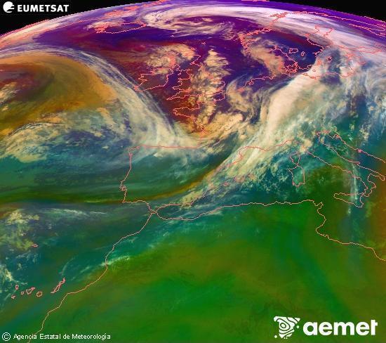 Composici RGB en la qual es barregen diversos canals del satllit Meteosat operacional en 0N 0W, que ens dna una idea de les caracterstiques de les masses d'aire i de la nuvolositat. diumenge, 2 de novembre  2025 07:00