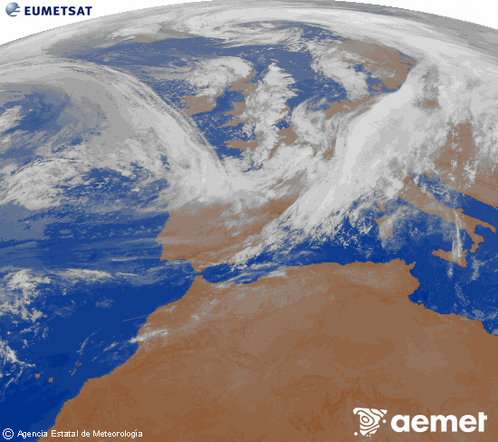 Imagen de la zona de Europa y Norte de frica del canal infrarrojo del satlite Meteosat operacional en 0N 0W, procesada para darle color. Sunday, 2 November  2025 07:00