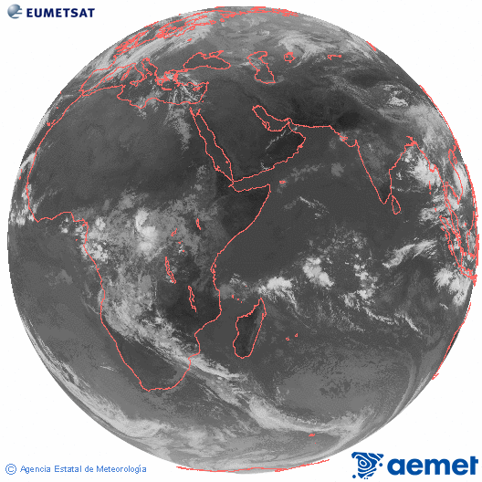 Ocano ndico. Imagen global del canal infrarrojo (10.8μm) de Meteosat, perteneciente a la serie MSG (Meteosat Segunda Generacin) y situado en 41.5° E. domingo, 02 noviembre 2025 a las 07:00