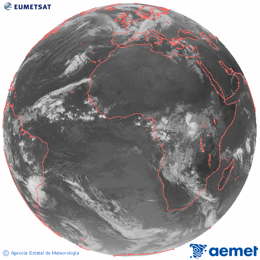 Imagen global del canal infrarrojo (10.8 μm) del satlite Meteosat, perteneciente a la serie MSG (Meteosat Segunda Generacin) y situado en 0N 0E. diumenge, 2 de novembre  2025 07:00