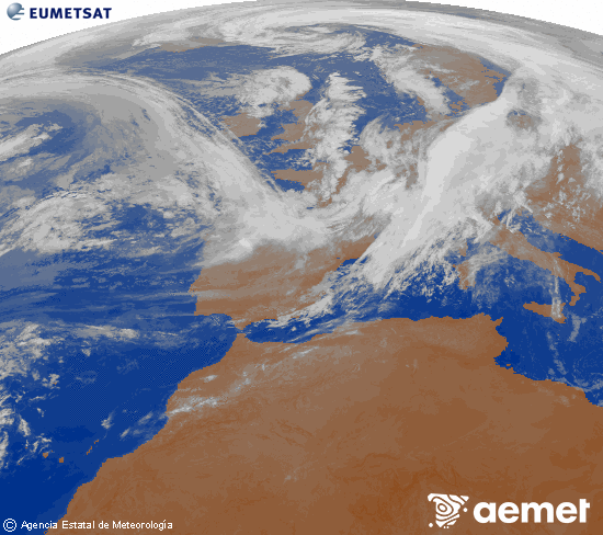 Imagen de la zona de Europa y Norte de frica del canal infrarrojo del satlite Meteosat operacional en 0N 0W, procesada para darle color. Sunday, 2 November  2025 08:00