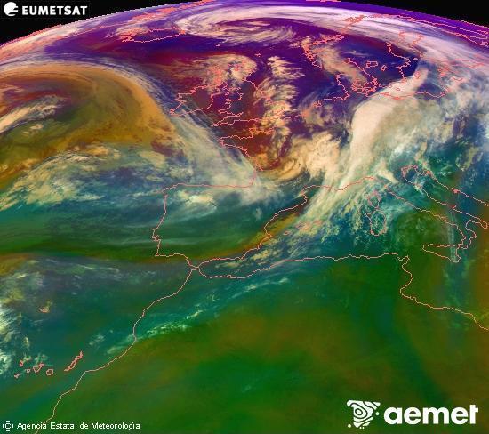 Composici RGB en la qual es barregen diversos canals del satllit Meteosat operacional en 0N 0W, que ens dna una idea de les caracterstiques de les masses d'aire i de la nuvolositat. diumenge, 2 de novembre  2025 09:00