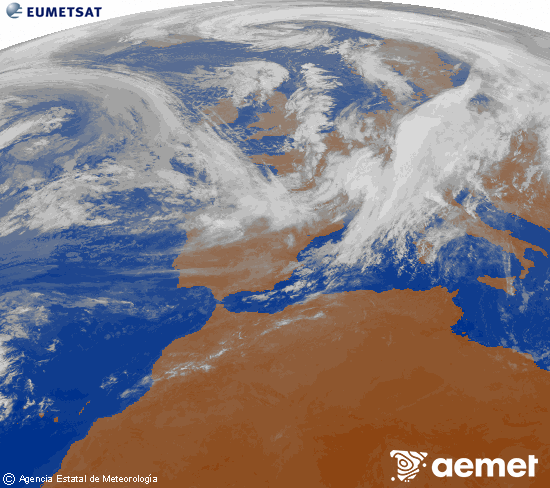 Imagen de la zona de Europa y Norte de frica del canal infrarrojo del satlite Meteosat operacional en 0N 0W, procesada para darle color. Sunday, 2 November  2025 09:00
