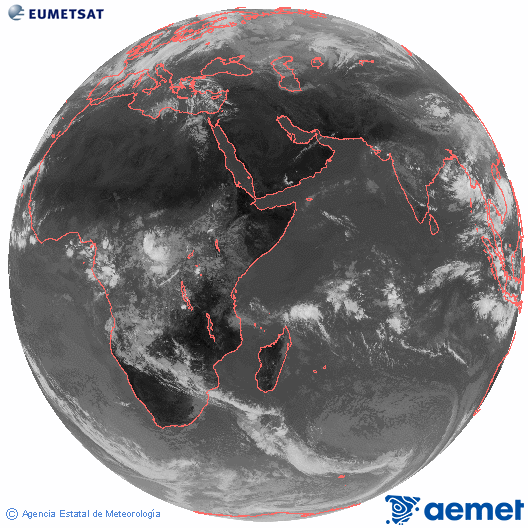 Ocano ndico. Imagen global del canal infrarrojo (10.8μm) de Meteosat, perteneciente a la serie MSG (Meteosat Segunda Generacin) y situado en 41.5° E. domingo, 02 noviembre 2025 a las 10:00