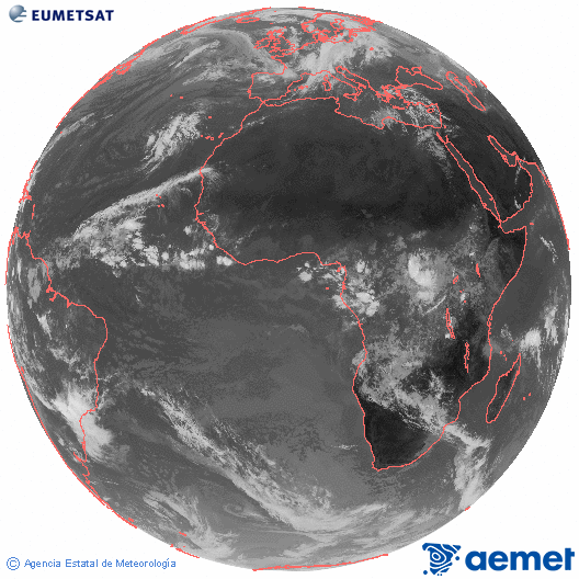 Imagen global del canal infrarrojo (10.8 μm) del satlite Meteosat, perteneciente a la serie MSG (Meteosat Segunda Generacin) y situado en 0N 0E. diumenge, 2 de novembre  2025 10:00