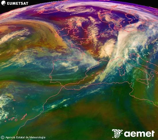 Composici RGB en la qual es barregen diversos canals del satllit Meteosat operacional en 0N 0W, que ens dna una idea de les caracterstiques de les masses d'aire i de la nuvolositat. diumenge, 2 de novembre  2025 11:00