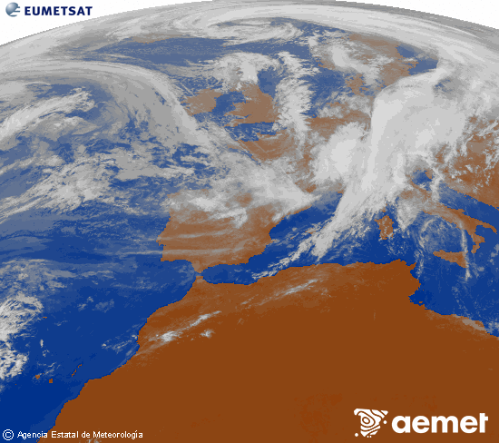 Imagen de la zona de Europa y Norte de frica del canal infrarrojo del satlite Meteosat operacional en 0N 0W, procesada para darle color. Sunday, 2 November  2025 11:00