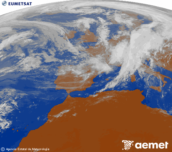 Imagen de la zona de Europa y Norte de frica del canal infrarrojo del satlite Meteosat operacional en 0N 0W, procesada para darle color. Sunday, 2 November  2025 12:00
