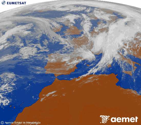 Imagen de la zona de Europa y Norte de frica del canal infrarrojo del satlite Meteosat operacional en 0N 0W, procesada para darle color. Sunday, 2 November  2025 13:00