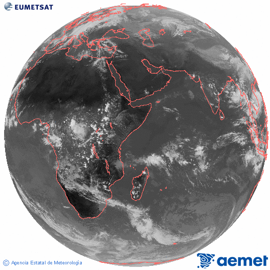 Ocano ndico. Imagen global del canal infrarrojo (10.8μm) de Meteosat, perteneciente a la serie MSG (Meteosat Segunda Generacin) y situado en 41.5° E. domingo, 02 noviembre 2025 a las 13:00