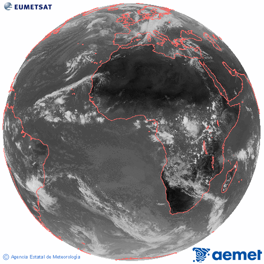Imagen global del canal infrarrojo (10.8 μm) del satlite Meteosat, perteneciente a la serie MSG (Meteosat Segunda Generacin) y situado en 0N 0E. diumenge, 2 de novembre  2025 13:00