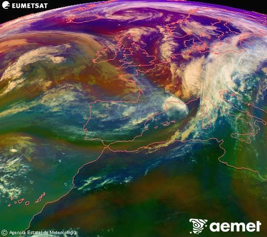 Composici RGB en la qual es barregen diversos canals del satllit Meteosat operacional en 0N 0W, que ens dna una idea de les caracterstiques de les masses d'aire i de la nuvolositat. diumenge, 2 de novembre  2025 14:00