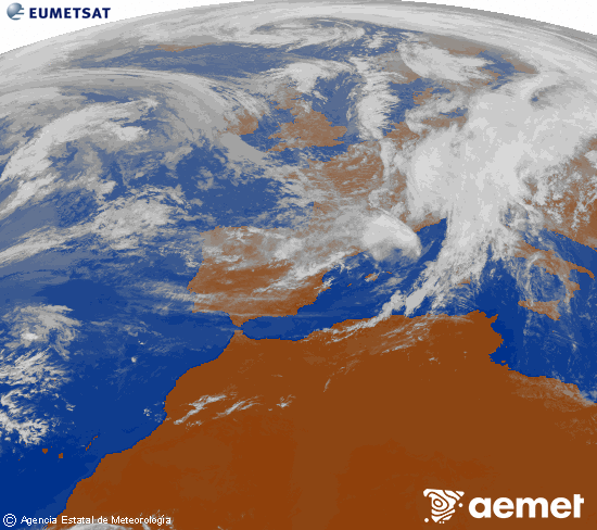 Imagen de la zona de Europa y Norte de frica del canal infrarrojo del satlite Meteosat operacional en 0N 0W, procesada para darle color. Sunday, 2 November  2025 14:00