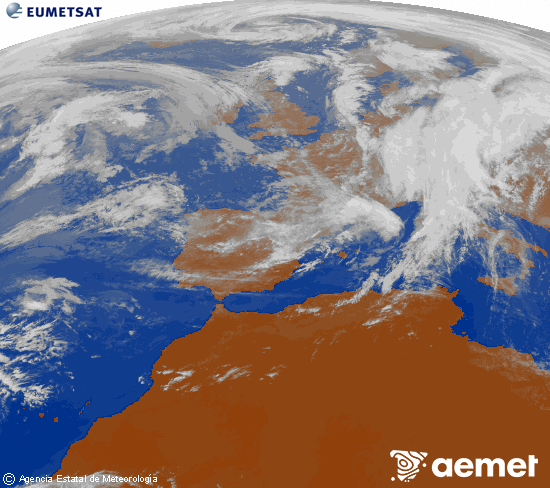 Imagen de la zona de Europa y Norte de frica del canal infrarrojo del satlite Meteosat operacional en 0N 0W, procesada para darle color. Sunday, 2 November  2025 15:00