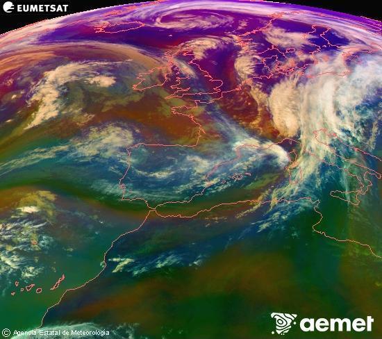 Composici RGB en la qual es barregen diversos canals del satllit Meteosat operacional en 0N 0W, que ens dna una idea de les caracterstiques de les masses d'aire i de la nuvolositat. diumenge, 2 de novembre  2025 16:00