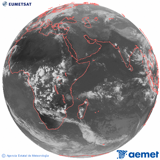 Ocano ndico. Imagen global del canal infrarrojo (10.8μm) de Meteosat, perteneciente a la serie MSG (Meteosat Segunda Generacin) y situado en 41.5° E. domingo, 02 noviembre 2025 a las 16:00
