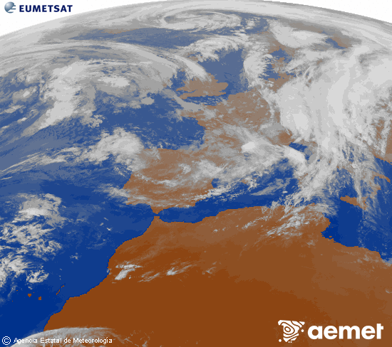 Imagen de la zona de Europa y Norte de frica del canal infrarrojo del satlite Meteosat operacional en 0N 0W, procesada para darle color. dimanche, 2 novembre  2025 17:00
