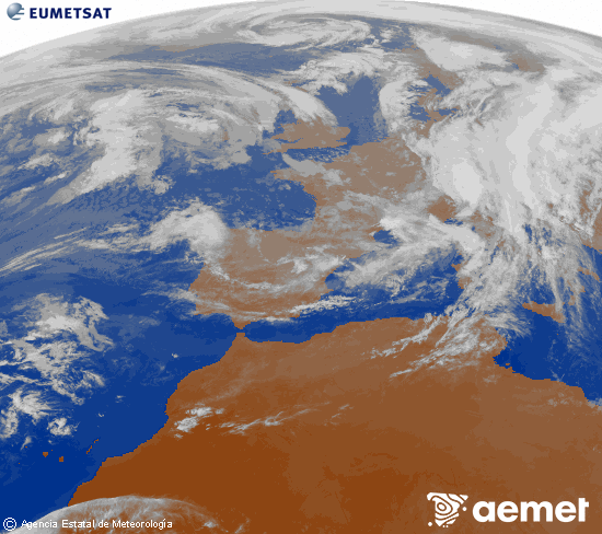 Imagen de la zona de Europa y Norte de frica del canal infrarrojo del satlite Meteosat operacional en 0N 0W, procesada para darle color. dimanche, 2 novembre  2025 18:00
