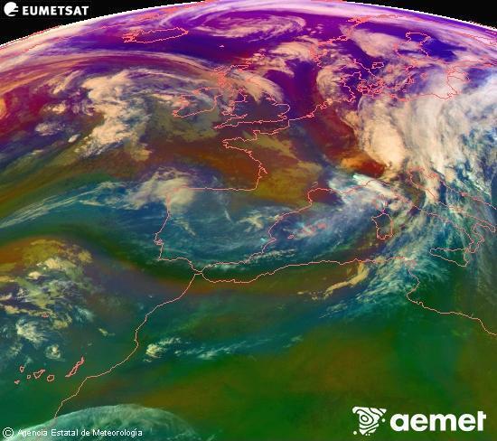 Composici RGB en la qual es barregen diversos canals del satllit Meteosat operacional en 0N 0W, que ens dna una idea de les caracterstiques de les masses d'aire i de la nuvolositat. diumenge, 2 de novembre  2025 19:00