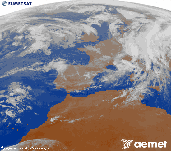 Imagen de la zona de Europa y Norte de frica del canal infrarrojo del satlite Meteosat operacional en 0N 0W, procesada para darle color. Sunday, 2 November  2025 19:00