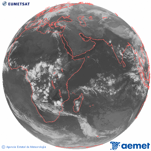 Ocano ndico. Imagen global del canal infrarrojo (10.8μm) de Meteosat, perteneciente a la serie MSG (Meteosat Segunda Generacin) y situado en 41.5° E. domingo, 02 noviembre 2025 a las 19:00