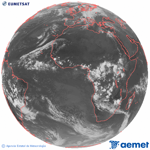 Imagen global del canal infrarrojo (10.8 μm) del satlite Meteosat, perteneciente a la serie MSG (Meteosat Segunda Generacin) y situado en 0N 0E. diumenge, 2 de novembre  2025 19:00