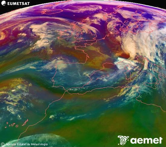 Composici RGB en la qual es barregen diversos canals del satllit Meteosat operacional en 0N 0W, que ens dna una idea de les caracterstiques de les masses d'aire i de la nuvolositat. diumenge, 2 de novembre  2025 20:00