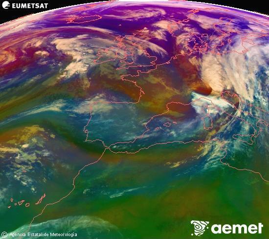 Composici RGB en la qual es barregen diversos canals del satllit Meteosat operacional en 0N 0W, que ens dna una idea de les caracterstiques de les masses d'aire i de la nuvolositat. diumenge, 2 de novembre  2025 21:00