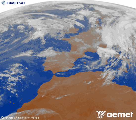 Imagen de la zona de Europa y Norte de frica del canal infrarrojo del satlite Meteosat operacional en 0N 0W, procesada para darle color. Sunday, 2 November  2025 21:00