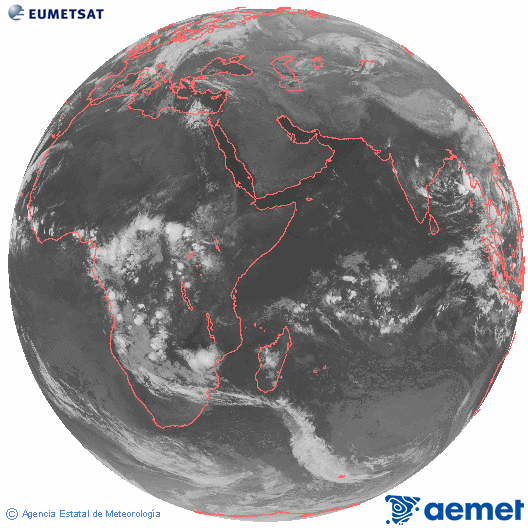 Ocano ndico. Imagen global del canal infrarrojo (10.8μm) de Meteosat, perteneciente a la serie MSG (Meteosat Segunda Generacin) y situado en 41.5° E. domingo, 02 noviembre 2025 a las 22:00