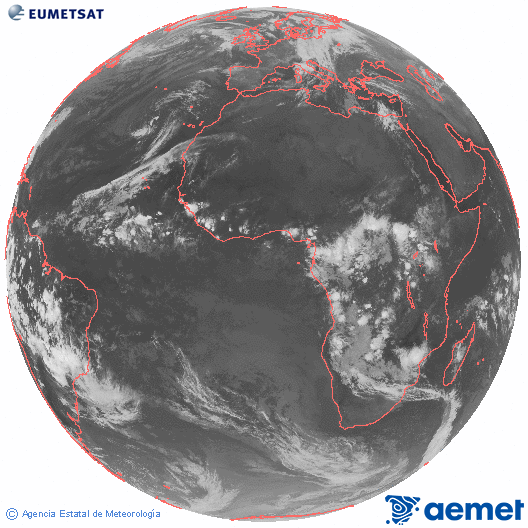 Imagen global del canal infrarrojo (10.8 μm) del satlite Meteosat, perteneciente a la serie MSG (Meteosat Segunda Generacin) y situado en 0N 0E. diumenge, 2 de novembre  2025 22:00