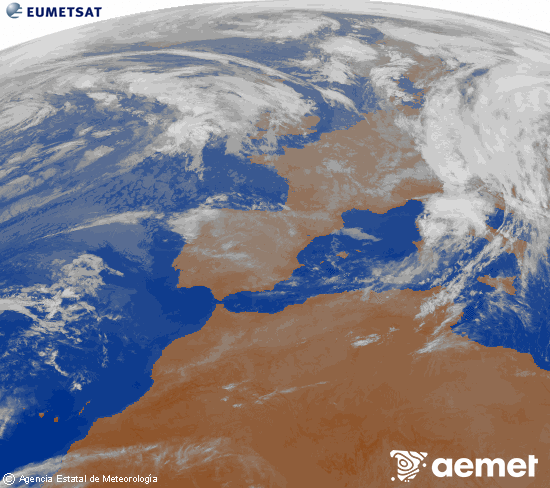 Imagen de la zona de Europa y Norte de frica del canal infrarrojo del satlite Meteosat operacional en 0N 0W, procesada para darle color. Sunday, 2 November  2025 23:00