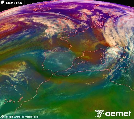 Composici RGB en la qual es barregen diversos canals del satllit Meteosat operacional en 0N 0W, que ens dna una idea de les caracterstiques de les masses d'aire i de la nuvolositat. dilluns, 3 de novembre  2025 00:00