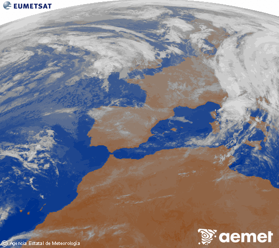 Imagen de la zona de Europa y Norte de frica del canal infrarrojo del satlite Meteosat operacional en 0N 0W, procesada para darle color. Monday, 3 November  2025 00:00